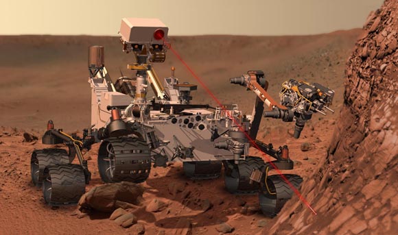 Marsrover Curiosity fiktiv bei seiner Arbeit auf Mars