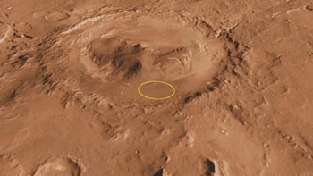 Gale Krater auf dem Mars mit geplanter Landestelle